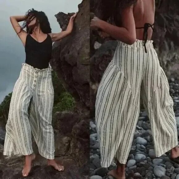 Free People Cropped Wide-Leg Crinkle Paperbag Pant Boho Hippie Stripe size Small - Picture 1 of 7
